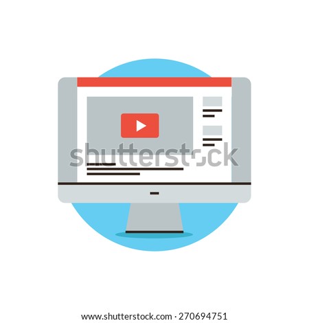 Thin line icon with flat design element of video sharing website, popular media content, movie player, web information, computer monitor screen. Modern style logo vector illustration concept.