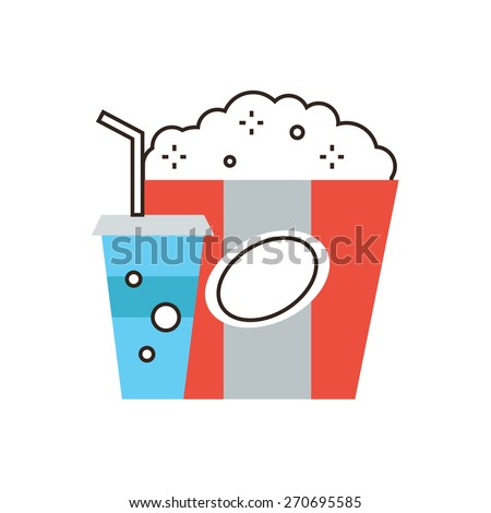 Thin line icon with flat design element of unhealthy food, snacks for movie, drink diet coke, large popcorn pack, meal for cinema. Modern style logo vector illustration concept.