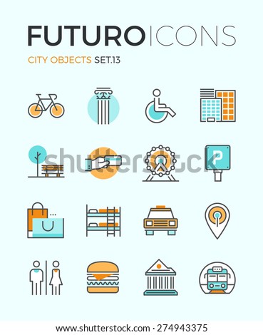Line icons with flat design elements of city travel sign and objects, transportation infrastructure, museum architecture, trip on vacation. Modern infographic vector logo pictogram collection concept.