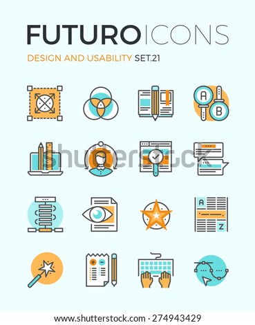 Line icons with flat design elements of graphic design and web product development, UI and UX website making, A/B testing usability project. Modern infographic vector logo pictogram collection concept