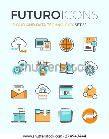 Line icons with flat design elements of cloud computing technology, big data analysis, global network connection, computer communication. Modern infographic vector logo pictogram collection concept.