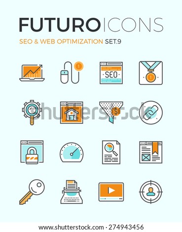 Line icons with flat design elements of search engine optimization, web SEO for traffic growth, rank result, keywording and link building. Modern infographic vector logo pictogram collection concept.