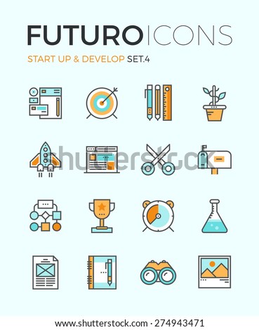 Line icons with flat design elements of business startup, new product develop, digital agency key features, creative organization workflow. Modern infographic vector logo pictogram collection concept.