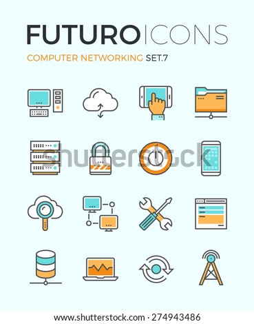 Line icons with flat design elements of computer network technology, cloud computing networking, server database, technical instruments. Modern infographic vector logo pictogram collection concept.