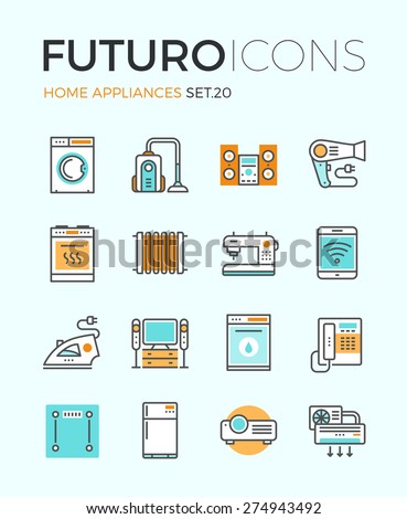 Line icons with flat design elements of major home appliances, consumer electronics devices, household goods for cooking and cleaning. Modern infographic vector logo pictogram collection concept.