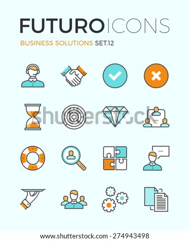Line icons with flat design elements of customer service, client support, success business management, teamwork cooperation process. Modern infographic vector logo pictogram collection concept. 