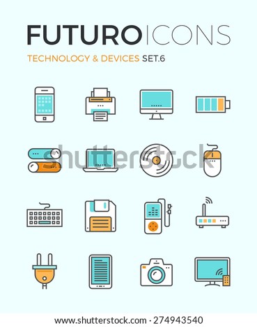 Line icons with flat design elements of personal electronics and multimedia devices, consumer technology object, home and office appliances. Modern infographic vector logo pictogram collection concept