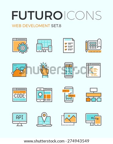 Line icons with flat design elements of responsive website development, web programming process, API interface coding, mobile app UI making. Modern infographic vector logo pictogram collection concept