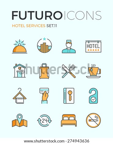 Line icons with flat design elements of major hotel service facilities, luxury resort accommodation, motel facility and hostel amenities. Modern infographic vector logo pictogram collection concept.