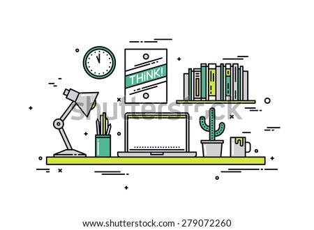 Thin line flat design of creative designer workspace, modern office desk with laptop, stylish hipster poster on wall for room interior. Modern vector illustration concept, isolated on white background