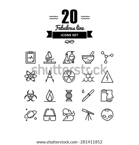 Thin lines icons set of scientific experiments, bio technology genome testing, alien life form hazardous materials research. Modern infographic outline vector design, simple logo pictogram concept.