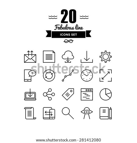 Thin lines icons set of cloud networking, office workflow object, global business communication, mobile user interface element. Modern infographic outline vector design, simple logo pictogram concept.
