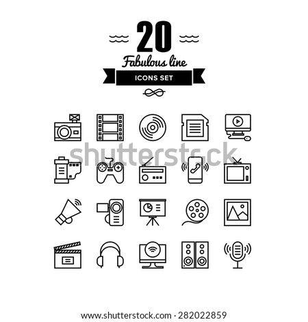 Thin lines icons set of multimedia and presentation objects, audio records, video clips, gaming and various media elements. Modern infographic outline vector design, simple logo pictogram concept.