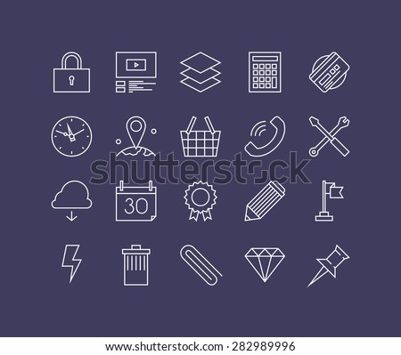 Thin lines icons set of necessary business equipment, office essential tools, desk accessories and supply, workflow utensils. Modern infographic outline vector design, simple logo pictogram concept.