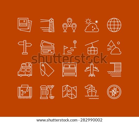 Thin lines icons set of vacation planning, tourism and travel object, map navigation element, holiday trip, various transport. Modern infographic outline vector design, simple logo pictogram concept.