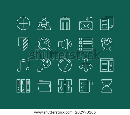 Thin lines icons set of various basic elements, office management things, simple accounting web tools and user interface things. Modern infographic outline vector design, simple logo pictogram concept