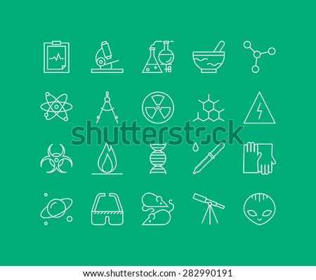 Thin lines icons set of scientific experiments, bio technology genome testing, alien life form hazardous materials research. Modern infographic outline vector design, simple logo pictogram concept.