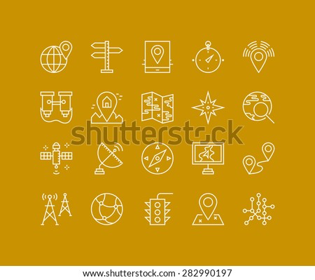 Thin lines icons set of geo-location mapping pin, global positioning system navigation, geo targeting marker, satellite signal. Modern infographic outline vector design, simple logo pictogram concept.