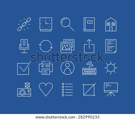 Thin lines icons set of basic web elements, user interface things, various office and management symbol, work presentation tools. Modern infographic outline vector design simple logo pictogram concept