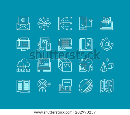 Thin lines icons set of marketing development process, product creating and promotion tools, website network optimization work. Modern infographic outline vector design, simple logo pictogram concept.