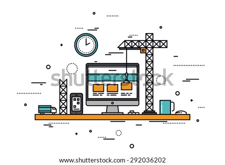 Thin line flat design of website under construction, web page building process, site form layout and menu buttons interface develop. Modern vector illustration concept, isolated on white background.