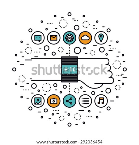 Thin line flat design of smartwatch technology innovation, smart watch features, wearable high tech media device for everyday usage. Modern vector illustration concept, isolated on white background.