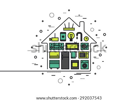 Thin line flat design of smart house appliances, centralized wireless technology control system for monitoring and electronic things. Modern vector illustration concept, isolated on white background.