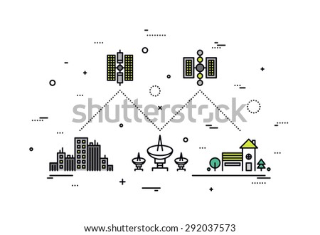 Thin line flat design of satellite communication system, global network service provider, transmitting high speed internet and TV data. Modern vector illustration concept, isolated on white background