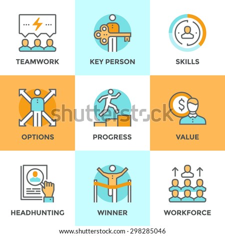 Line icons set with flat design elements of business people teamwork, personal development growth, key person value, headhunting process, team leader skills. Modern vector pictogram collection concept