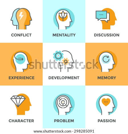 Line icons set with flat design element of partner in conflict, human mind confusion, character experience, people in love and passion, thought purification. Modern vector pictogram collection concept