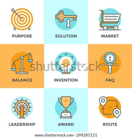 Line icons set with flat design elements of various business symbol, marketing metaphor, key to success solution, route destination pathway, FAQ information. Modern vector pictogram collection concept