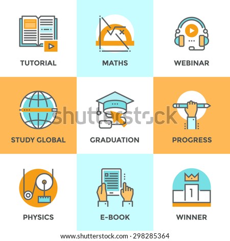 Line icons set with flat design elements of education progress, global study, e-book learning, webinar audio course, winner pedestal, physics and math learn. Modern vector pictogram collection concept