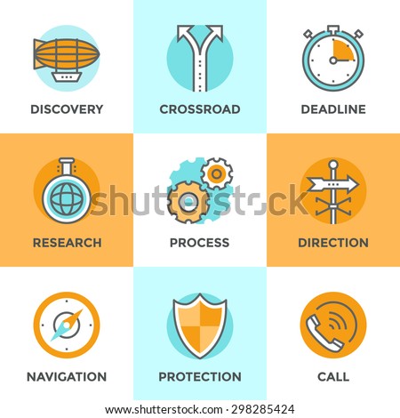 Line icons set with flat design elements of various business metaphor, cogwheel gear process, navigation compass, call answer, discovery new horizon and etc. Modern vector pictogram collection concept