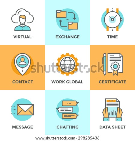 Line icons set with flat design elements of global business work flow, messaging and online communication, data sheet exchanging, contacting new people. Modern vector pictogram collection concept.