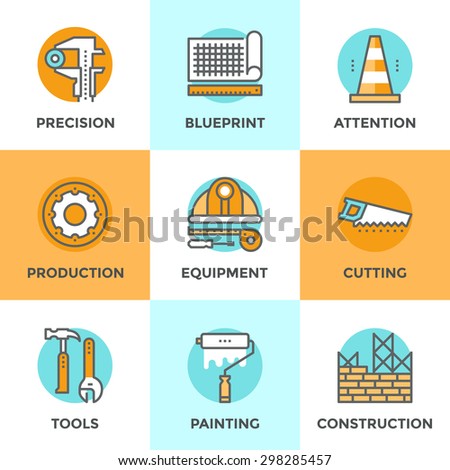 Line icons set with flat design elements of engineering construction equipment, building architecture structure, working tools for repair and renovation. Modern vector pictogram collection concept.