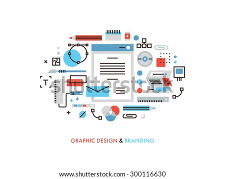 Thin line flat design of useful designer graphic tools, corporate colors for brandbook, designing new visuals for prints and packages. Modern vector illustration concept, isolated on white background.