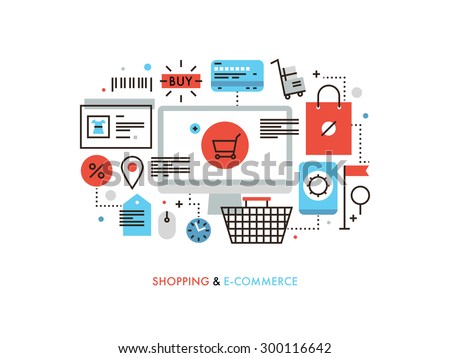 Thin line flat design of e-commerce website, purchasing goods via internet, online shopping cart with products, solution for customer. Modern vector illustration concept, isolated on white background.