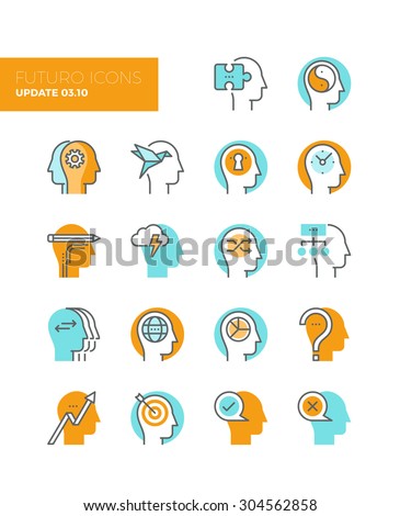 Line icons with flat design elements of human solution provider, teamwork strategy brainstorming, human profile management, head thinking. Modern infographic vector logo pictogram collection concept.