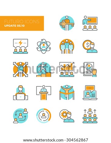 Line icons with flat design elements of team building organization, leadership development, personal training, business people management. Modern infographic vector logo pictogram collection concept.