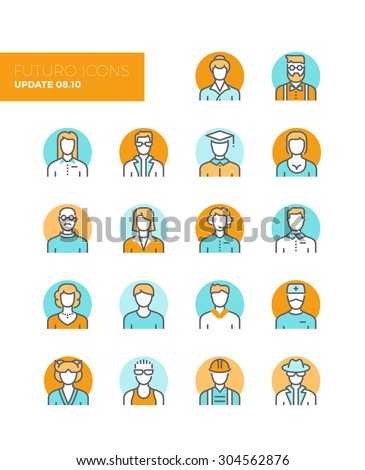 Line icons with flat design elements of people avatars profession, professional human occupation, basic characters set, employee variety. Modern infographic vector logo pictogram collection concept.