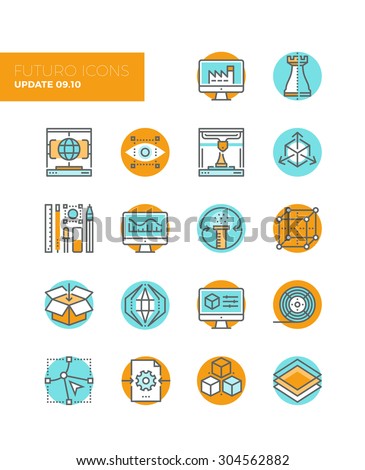Line icons with flat design elements of 3D printing technology, digital manufacturing modeling and sketching, graphic modification tools. Modern infographic vector logo pictogram collection concept.