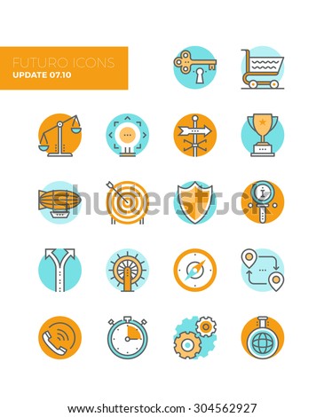 Line icons with flat design elements of business solution symbol, market balance, marketing goal target, key to success, various metaphors. Modern infographic vector logo pictogram collection concept.
