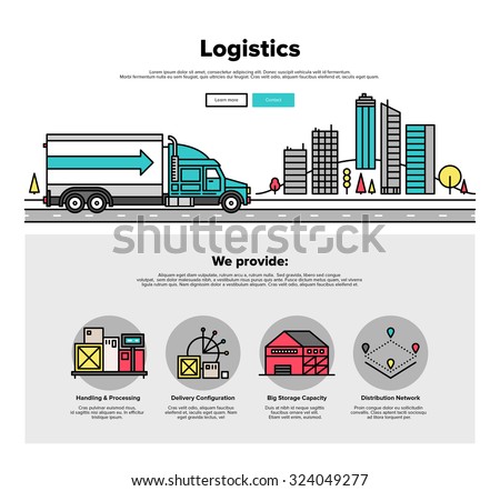 One page web design template with thin line icons of cargo container logistic by heavy truck vehicle, road delivery distribution service. Flat design graphic hero image concept website elements layout