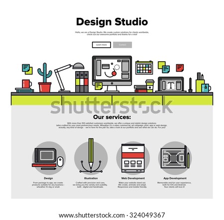 One page web design template with thin line icons of design studio agency services. Digital graphics, web develop and apps prototyping. Flat design graphic hero image concept, website elements layout.