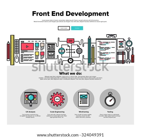 One page web design template with thin line icons of front-end development of client web software, application programming and testing. Flat design graphic hero image concept, website elements layout.