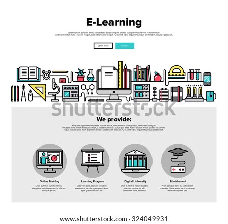 One page web design template with thin line icons of e-learning education process, applied science study, distance class for web course. Flat design graphic hero image concept, website elements layout