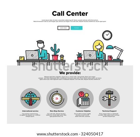 One page web design template with thin line icons of call center support, customer service helpline operator, business solution provider. Flat design graphic hero image concept website elements layout