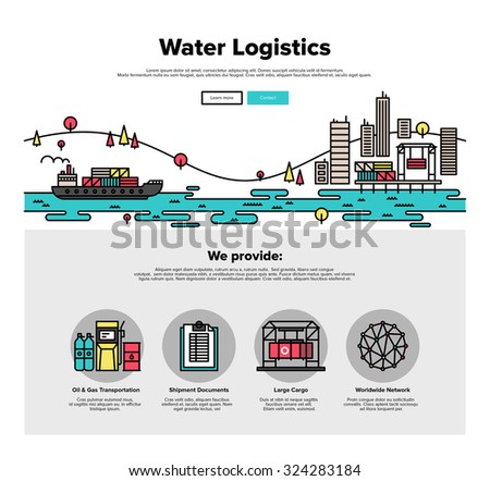 One page web design template with thin line icons of cargo freight shipping by water, sea transport delivery, export logistics control. Flat design graphic hero image concept, website elements layout.