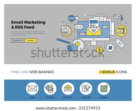 Flat line design of web banner template with outline icons of e-mail marketing service system, subscribe mail list for everyday updates. Modern vector illustration concept for website or infographics.