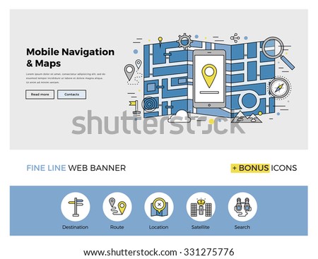 Flat line design of web banner template with outline icons of mobile navigation GPS system, tracking map location and find the right way. Modern vector illustration concept for website or infographics